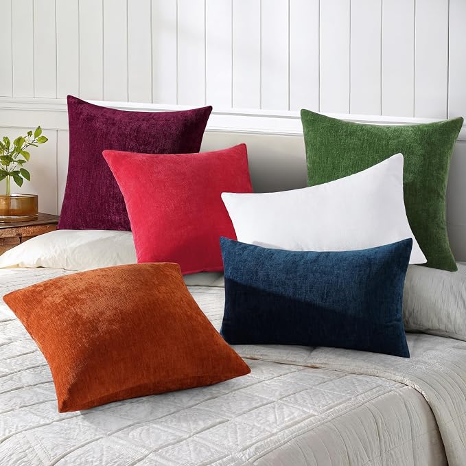decorUhome Soft Chenille Christmas Red Throw Pillow Covers 22X22 Set of 2 | Decorative Fall Couch Pillow Covers Solid Dyed Accent Modern Euro Sham Farmhouse Neutral Square Pillow Cases for Sofa