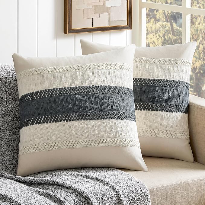 2 Pack Boho Throw Pillow Covers, Contrast Charcoal 22x22in | Soft Breathable Cotton, Farmhouse Decorative Couch Pillow Cases, Cushion Covers for Sofa Bed Living Room Home Decor