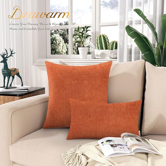 BRAWARM Throw Pillow Covers 16x16 Inches - Burnt Orange Chenille Pillow Covers Pack of 2, Solid Dyed Soft Chenille Pillow Cases for Couch Sofa Bed Home Decoration