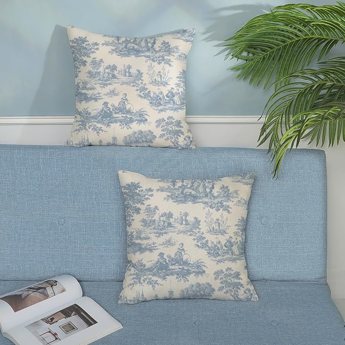 French Country Pillow Covers 18x18 Set of 2 Vintage Baby Blue Toile Throw Pillows Outdoor French Country Decorative Pillowcase Rustic Cottage Farmhouse Cushion Case for Couch Living Room Decor