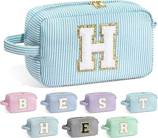 YOOLIFE Initial Makeup Bag - Personalized Monogram Cute Blue Makeup Bag Cosmetic Travel Toiletry Pouch Make Up Case for Women Mom Best Friend Bridesmaid Sister Teacher, Birthday Gifts for Women Her H