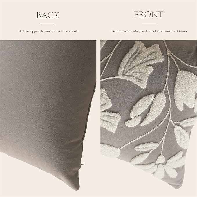 Lumbar Pillow Cover 12x20 Inch, Light Gray Floral Tufted Velvet Decorative Accent Pillow Case for Sofa Bed Living Room, Cover Only