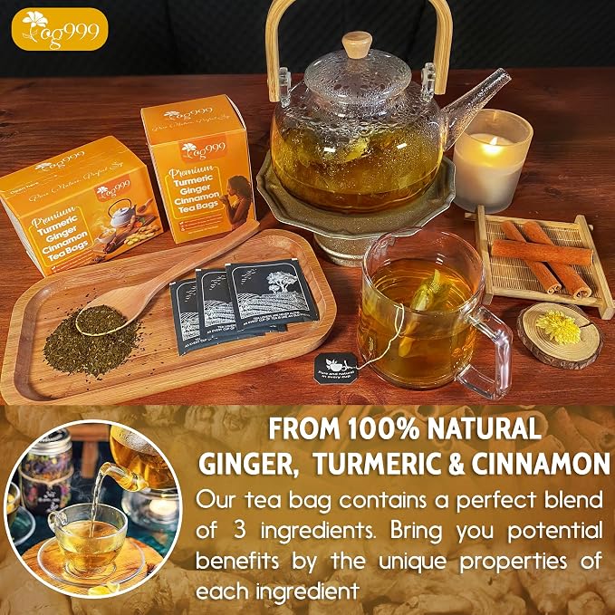 TOG999, Premium 10 Tea Bags Turmeric, Ginger, Cinnamon, 100% Natural, Hand-made Blend of Turmeric, Ginger, and Cinnamon Herbal Tea. Eco-conscious Tea Bags. No Sugar, No Caffeine, No Gluten, Vegan.