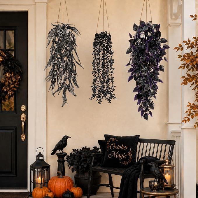 Der Rose 4 Pcs Fake Hanging Plants for Halloween Bathroom Decor Indoor | Black and purple party decorations for gothic halloween decor, bathroom shelves, covered porches and Halloween mantel decor