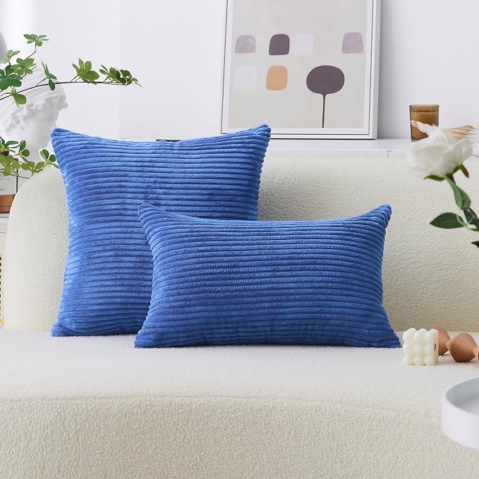 Home Brilliant Pillow Cover 12 x 20 Decorative Pillows Plush Velvet Corduroy Striped Pillow Cases Pillow Cover for Chair Office, 12 x 20 inch, 30 x 50 cm, Blue