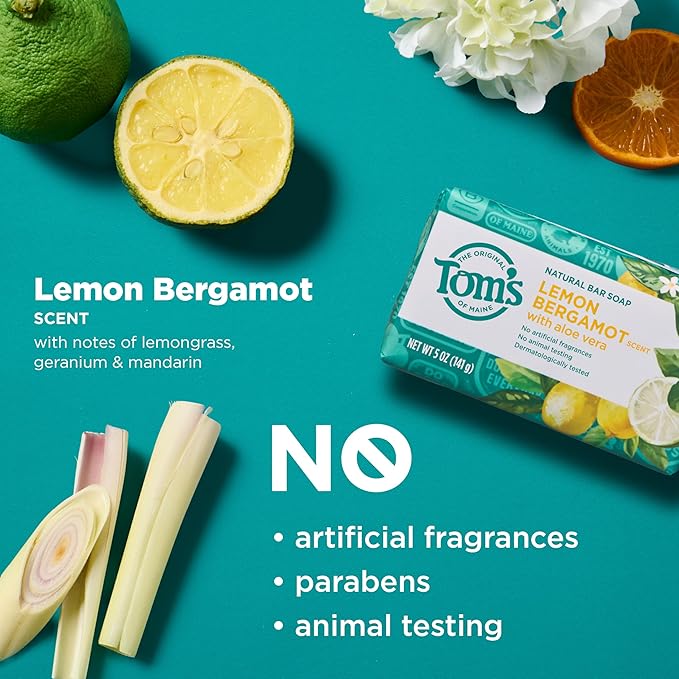 Tom’s of Maine Lemon Bergamot Natural Bar Soap with Aloe Vera, Dermatologically Tested, Paraben Free, Vegan, 5 oz, 4 pack