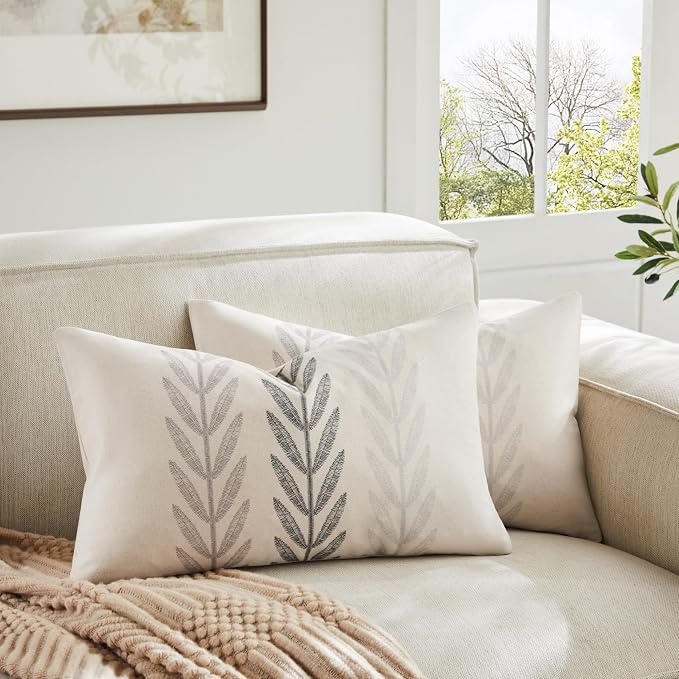 Farmhouse Leaves Lumbar Pillow Covers Set of 2, 12x20in Mixed Grey | 100% Organic Cotton, Rustic Accent Print Pillow Case, Pastoral Decorative Cushion Covers for Sofa Bed Living Room Home Decor