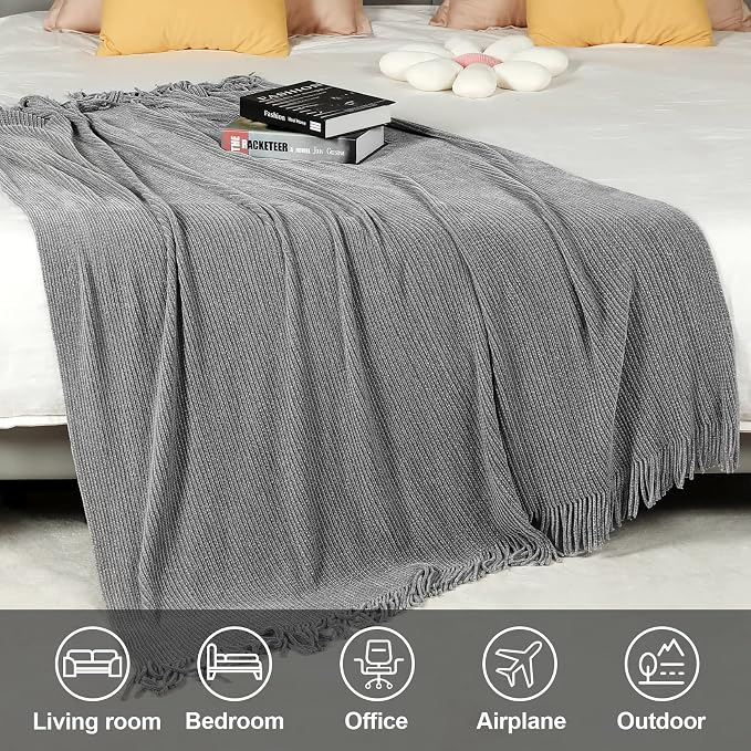 Blagic Chenille Throw Blanket for Couch and Bed,Light Gey,50"x60" | Soft Farmhouse Boho Throw Blanket with Tassels,Decorative for Living Room,Stripe Textured Throws for Bed/Chair/Sofa