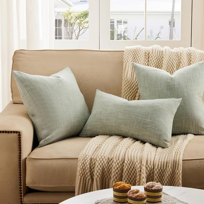 Rustic Linen Throw Pillow Covers Set of 2, Green 20x20in | Textured Pillow Case, Rustic Cotton Linen Fabric, Modern Farmhouse Cushion Covers for Sofa Bed Living Room Home Decor