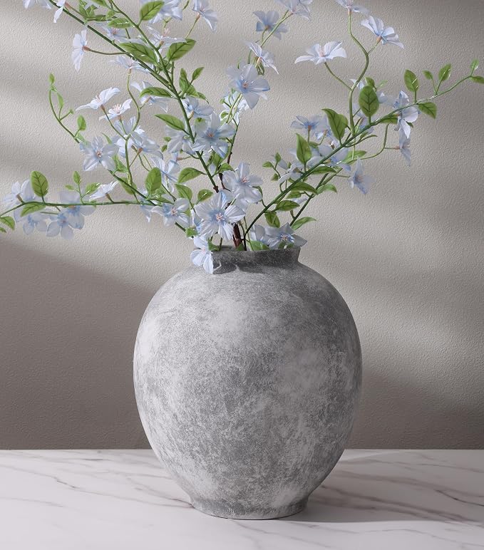 Starttag Large Ceramic Vase, 9.8 inch Rustic Farmhouse Flowers Vase for Home Decor, Sandstone Texture Round Pottery Tall Vase Indoor for Table Living Room Decor, Grey