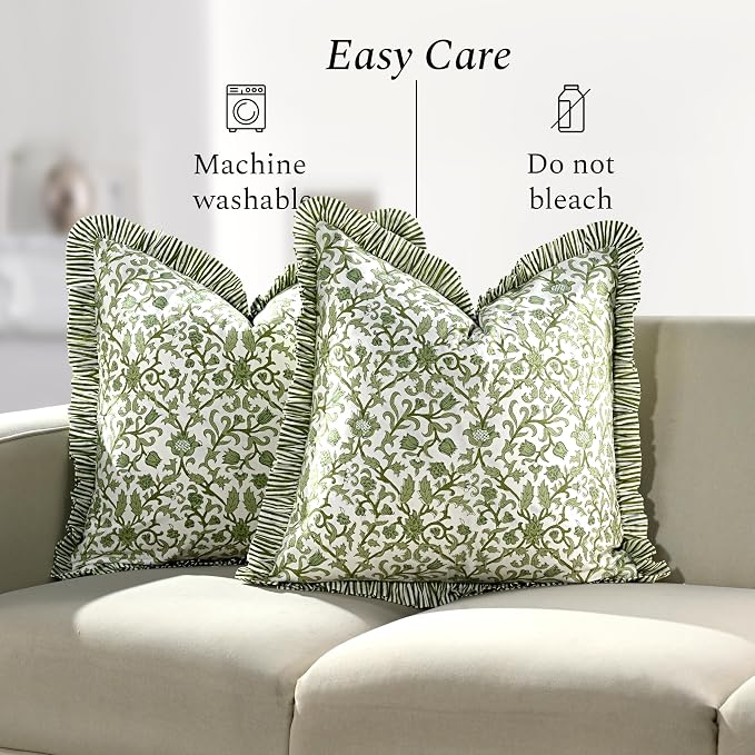 CPC Meadow Vine Hand Block Print 100% Cotton Ruffle Throw Pillow Cover 20x20 inch with Hidden Zipper Decorative for Couch, Bed, Sofa, Farmhouse, Cottagecore Decor Gift Christmas Fall Thanksgiving
