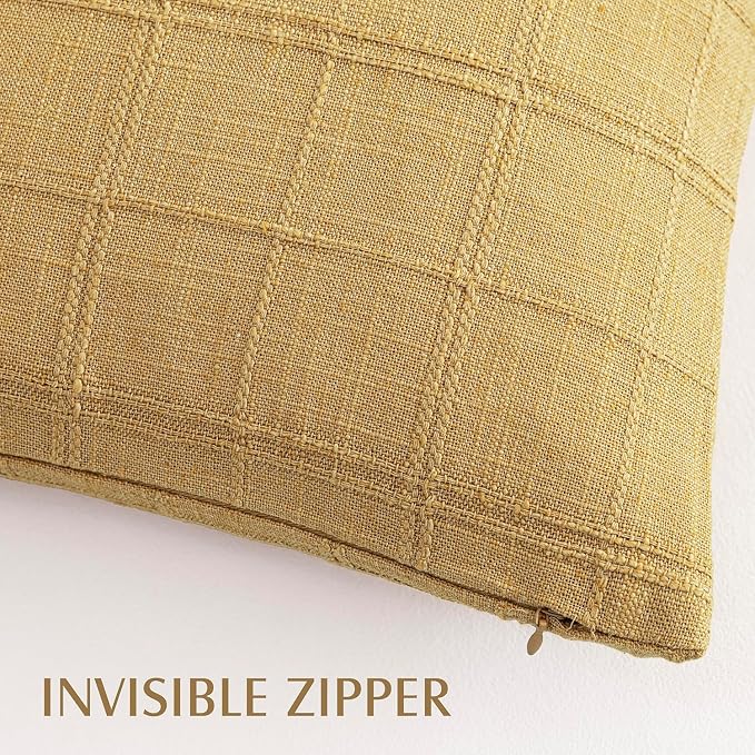 Foindtower Set of 2 Decorative Linen Check Throw Pillow Covers Neutral Farmhouse Lumbar Cushion Covers Modern Boho Accent Home Decor for Sofa Chair Couch Bedroom Living Room,12×20 Inch,Amber Gold
