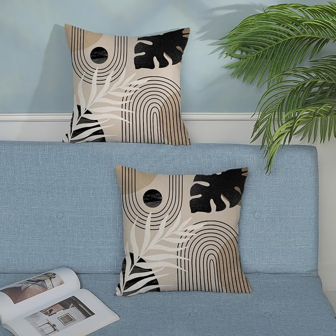 Boho Black Pillow Covers 18x18 Inch Set of 2 Black BeigeTropical Leaf Decor Mid Century Throw Pillows Outdoor Bohemian Modern Decorative Pillowcase Farmhouse Linen Cushion Case for Couch Sofa