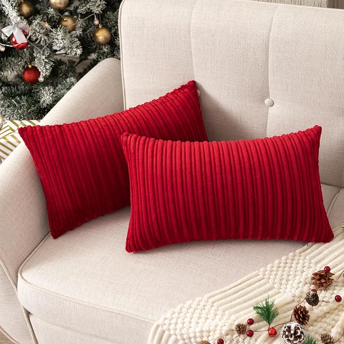 UGASA 12x24 Inch Christmas Pillow Cover Pack of 1 Soft Boho Stripe Corduroy Long Rectangle Lumbar Cushion Case Farmhouse Decorative Pilowcase for Bed, Couch, Sofa, Bedroom, Living Room, Burgundy