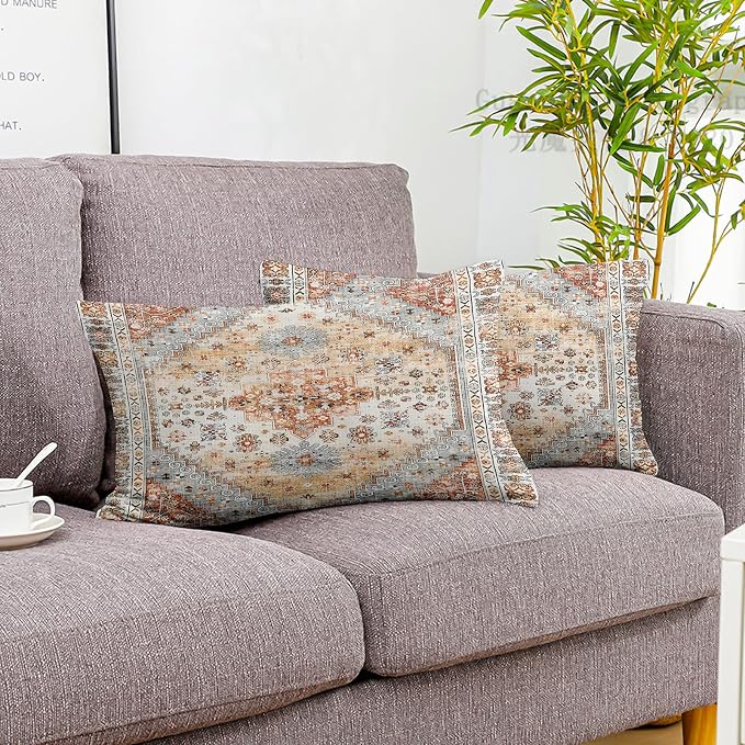Boho Throw Pillow Covers 12x20 inch Set of 2,Soft Pillowcases Bohemia Carpet Printing Pattern Decorative Sofa Living Room Bed Rectangle Pillow Case Cushion Cover-Orange Grey