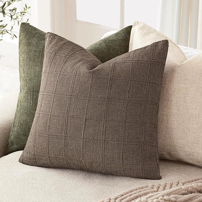 Foindtower Set of 2 Decorative Linen Check Throw Pillow Covers Neutral Farmhouse Vintage Cushion Covers Modern Boho Home Decor for Sofa Chair Couch Bedroom Living Room,20×20 Inch,Taupe Grey