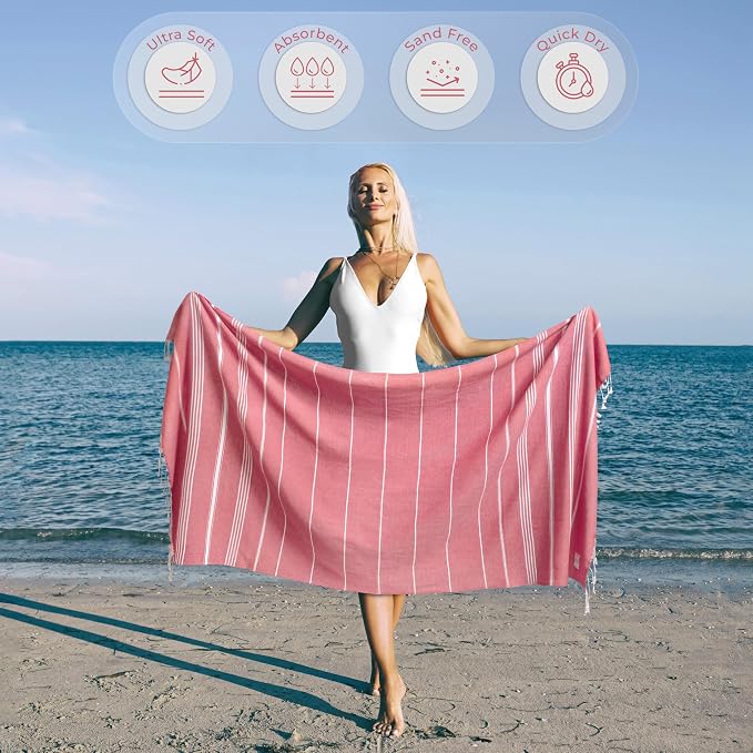 Ossano Cute Beach Towel - Quick Dry & Sand Free, Oversized (39" x 71"), Versatile, Perfect as Yoga Mat, Pool Towel, Turkish Towel, or Picnic Blanket - Coral