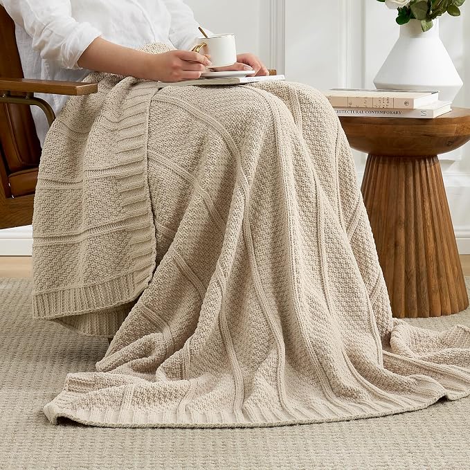 Chenille Throw Blanket for Couch, Soft Cozy Chunky Knit Blanket, Moss Stitch Throw for Sofa, Bed, Living Room, Lightweight Warm Home Decor, Beige 60"x80"