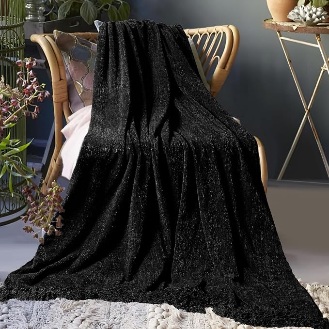 Chenille Throw Blanket for Couch 50" x 60", Black | Soft Cozy Luxury Throws with Fringe Tassel, Living Room Bed Sofa Chair Cover, Lightweight Knitted Boho Blankets Home Decor