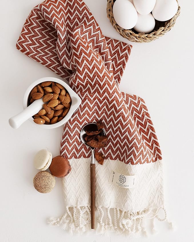Madamelique Exclusive Hand Towels Set of 2-18 x 40 Inches - Decorative Bathroom Peshtemal Towel for Hand, Face, Hair, Yoga, Tea, Dishcloth, Kitchen and Bath - 100% Pure Cotton (Terracotta)