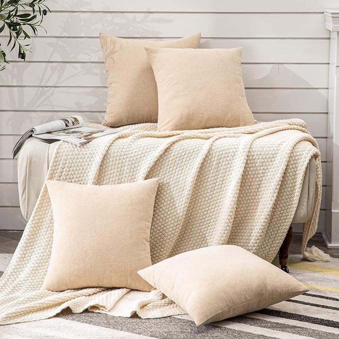 GAWAMAY Decorative Couch Throw Pillow Covers 18x18 Inch Set of 4 Beige | Soft Chenille Farmhouse Style, Hidden Zipper, Neutral Cushion Pillowcases for Sofa Living Room Bed, Only Covers