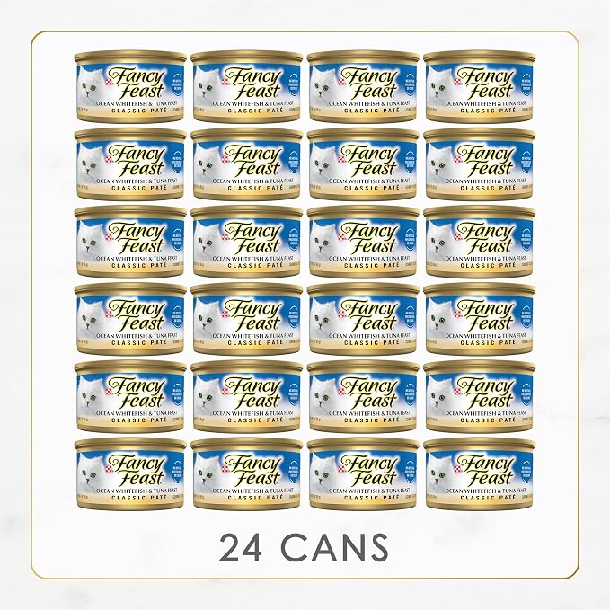 Purina Fancy Feast Classic Pate, Ocean Whitefish & Tuna, 3 oz cans, 24-Pack | Crafted with real ocean whitefish & tuna. Made with no artificial colors or preservatives. 100% complete and balanced