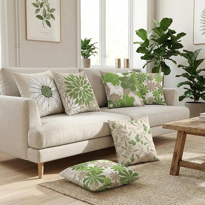 COMMINY Sage Green Linen Pillow Covers 18x18 Set 6 Farmhouse Throw Cover | Spring Summer flower, decorative Daisy Dhalia, Breathable Linen,Standard Throw Pillow Size, Bedroom Accent Couch Sofa
