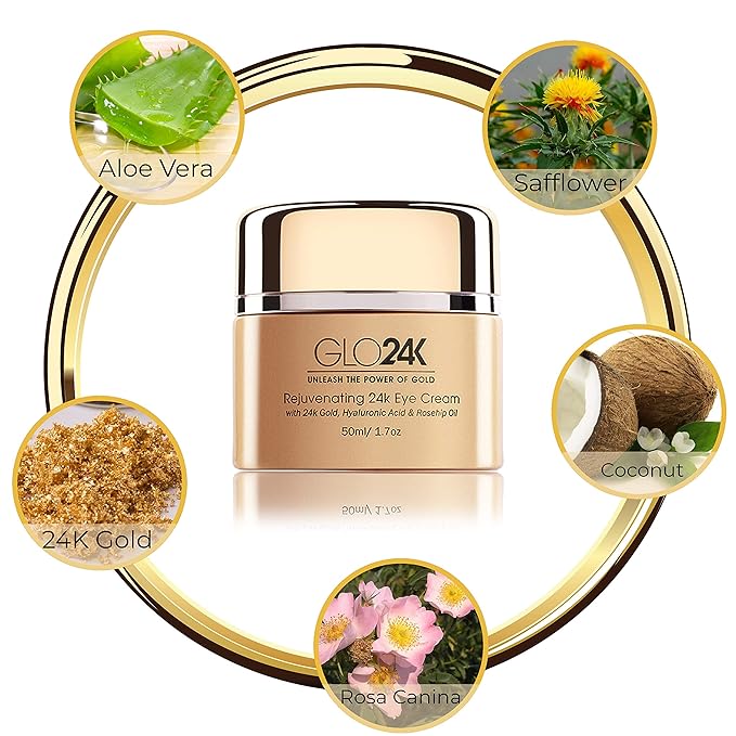 GLO24K UNLEASH THE POWER OF GOLD Complete Eye Care Set with our 24k Instant Facelift Cream, Eye Treatment Cream, and Eye Serum. Skin Serum Formulated to Treat the Delicate Skin around the Eyes