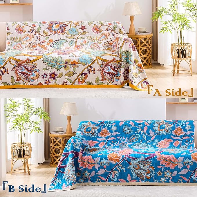 XIBLC Boho Throw Blanket for Bed, 100% Cotton Soft Rustic Quilt Fall Blanket, 90"x98" Floral Printed Farmhouse Decor Bed Blankets, All Season Rustic Reversible Bohemian Throw Quilt
