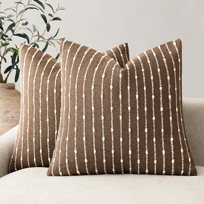Foindtower Pack of 2 Decorative Jacquard Boucle Throw Pillow Covers Accent Textured Striped Pillowcases Soft Boho Modern Cushion for Couch Sofa Bedroom Living Room Home Decor 20x20 Inch Brown