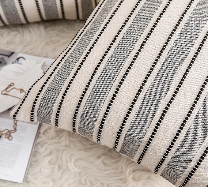 Cethom Decorative Boho Throw Pillow Covers, Farmhouse Textured Pillow Case, 22 x 22 Inch Set of 2, Chair Sofa Bedroom Living Room Home Decor Couch Cushion Case, Black and Beige Striped