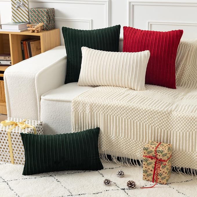 UGASA Velvet 20x20 Inch Soft Throw Pillow Covers Decorative Striped Corduroy Both Sides Solid Square Cushion Cases Boho Farmhouse for Couch Bedroom Sofa Home, Pack of 2, Dark Green