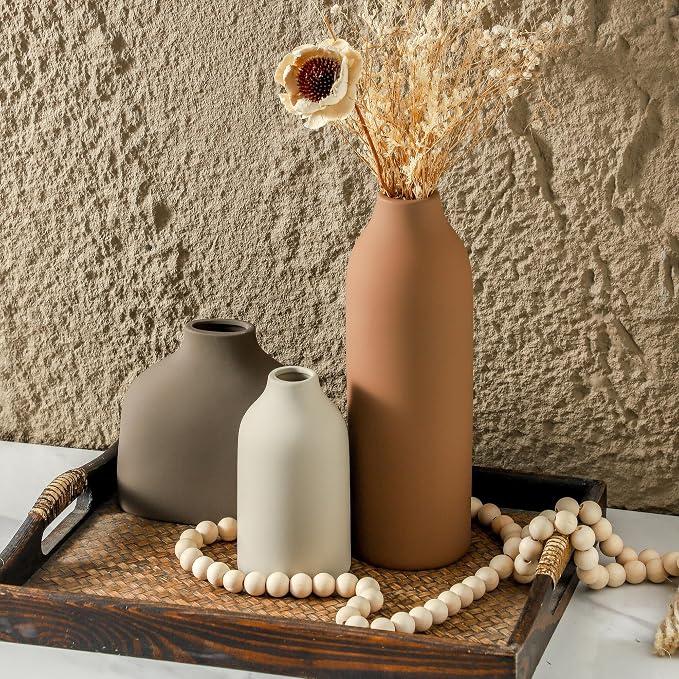 Enra Ceramic Vase Set of 3, Modern Minimalist Vases for Home Decor | Warm matte finishes in three sizes, perfect for pampas grass, dried stems, shelves, mantels and tabletop styling.