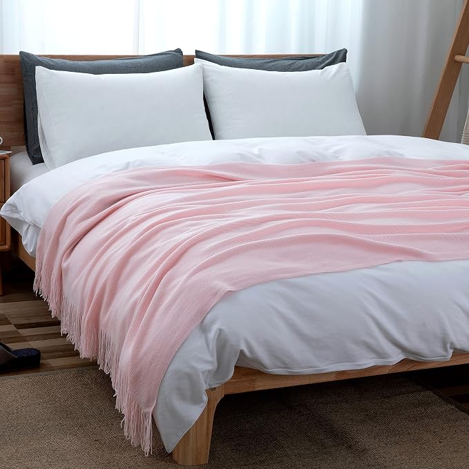Vonty Pink Knitted Throw Blanket with Tassels Fringe, 60x80 Acrylic | Super Soft And Lightweight, Year-Round Cozy Warmth, Farmhouse Decorative Style, Machine Washable, for Couch, Sofa or Bed