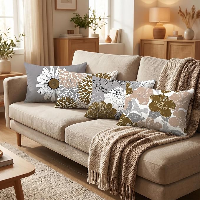 COMMINY Brown Grey Lumbar Pillow Covers 12x20 Set 6 Linen Throw Cover | Daisy Dhalia Pattern, Lumbar Pillow Size, Breathable Linen, Bed Bench Office Chair, Neutral farmhouse decor