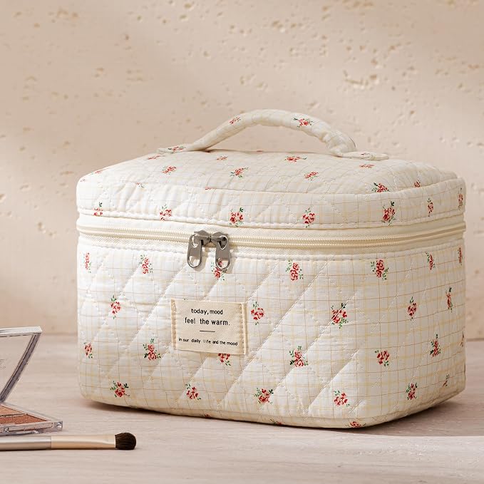 HBselect Quilted Makeup Bag, 3PCS Cotton Large Travel Makeup Bag, Cute Floral Coquette Make up Bag Cosmetic Bag Toiletry Bag for Women Girls