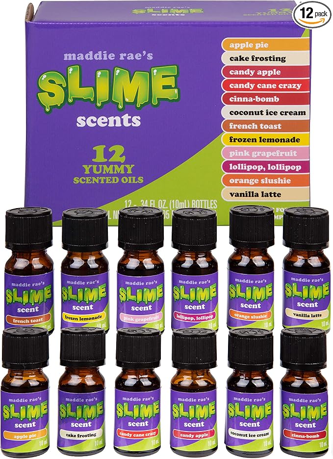 Maddie Rae's Slime Yummy Scented Oils (12 Pack) - X Large 10ml (.34 oz) Natural Food Fragrance Bottles for Diffusers, Aromatherapy, Essential Oil, DIY Candle & Soap Making, Crafts, Supplies, Gift