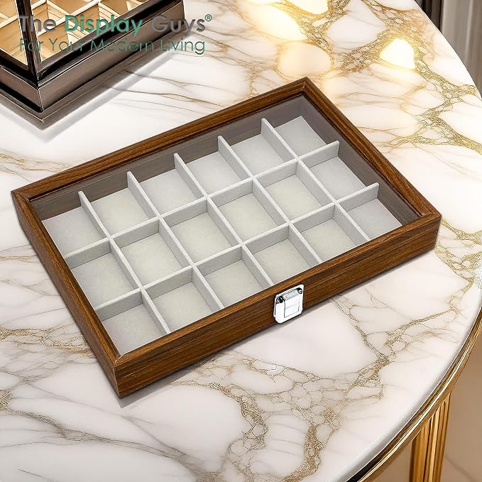 Wooden Travel Jewelry Box w. Tempered Glass Display Lid - Earrings Storage - 18-Compartments Velvet Organizer (Dark Oak) by The Display Guys