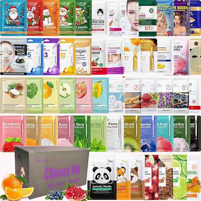 55 Pack Collagen Face Masks Skincare Bulk,Sheet Masks Variety Set with Animal, Bubble, Christmas & Fruit Facial Masks, Skincare Gift Box for Women, Teens & Spa Lovers