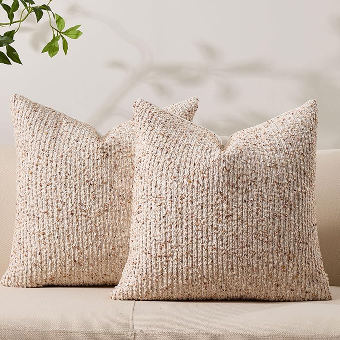 Allorry Throw Pillow Covers 18x18 Soft Wool Cushion Decorative Beige012A18 | Cozy Soft Touch,Neutral Textured Boho Cushion Covers Set of 2,for Modern Farmhouse Sofa Bedroom Living Room Decor