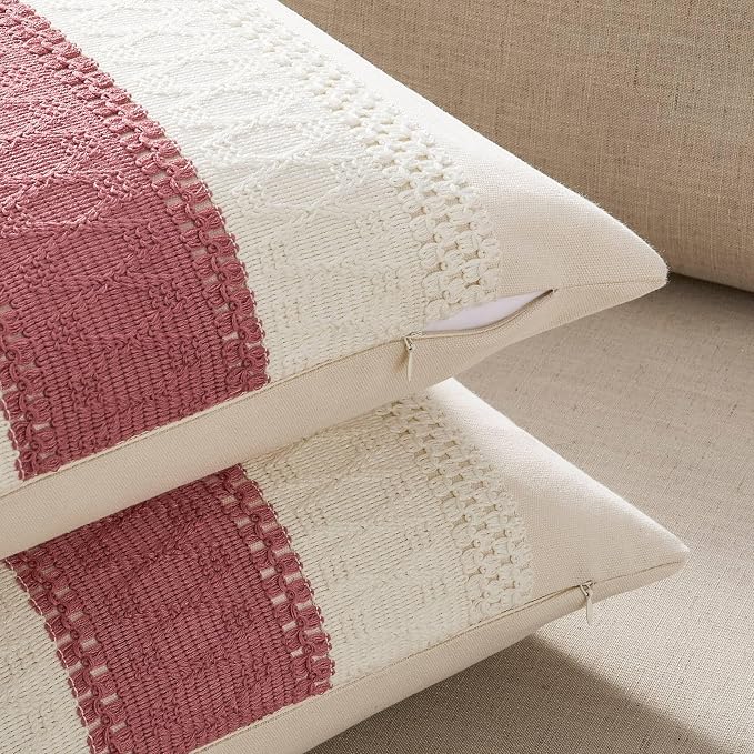 2 Pack Boho Throw Pillow Covers, Contrast Dusty Pink 26x26in | Soft Breathable Cotton, Farmhouse Decorative Couch Pillow Cases, Cushion Covers for Sofa Bed Living Room Home Decor