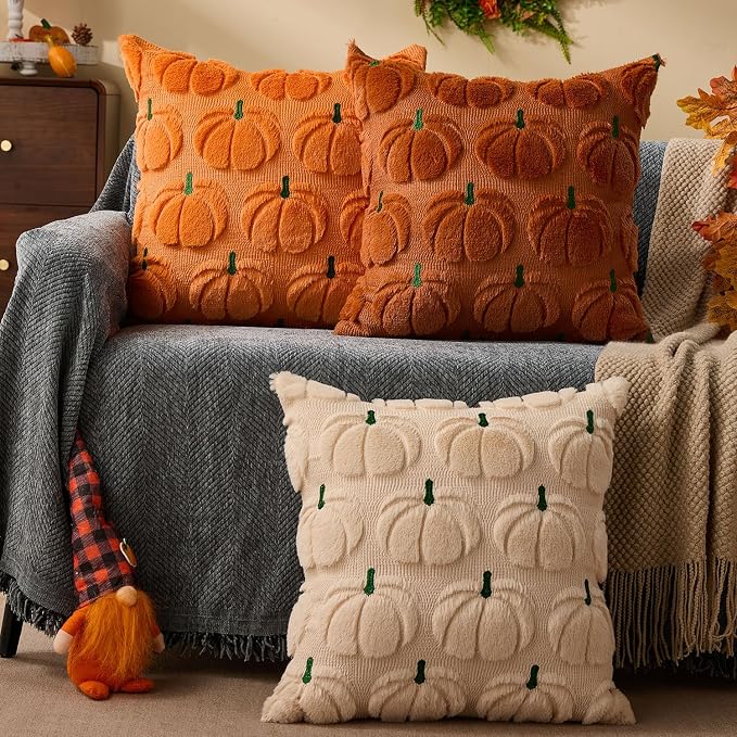 DFXSZ Fall Pillow Covers 18x18 2Pcs Beige Green Pumpkin Fall Decorations | Fall decor Set of 2 Throw Pillow Cases Soft Plush Faux Fur Wool Couch Cushion for Chair Sofa Bedroom Living Room Home Decor
