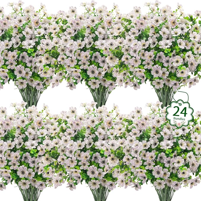 24 Pcs Artificial Flowers for Outdoors Decorations, White | Lifelike silk flowers, UV resistant, faux plastic plants, for garden porch window table vase home indoor outdoor decor