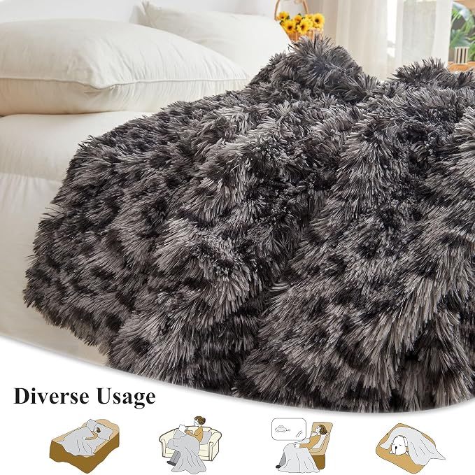 XeGe Luxury Faux Fur Leopard Print Throw, Soft 50x60 Cheetah Print Fluffy Blanket, Shaggy Plush Decorative Couch Blanket, Cute Furry Fuzzy Animal Throw for Sofa Bed, Light Grey