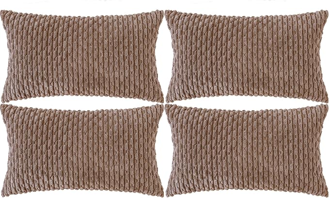 Set of 4 Light Brown Decorative Throw Pillow Covers 12x20 Inch Corduroy Pillow Covers for Bed Couch Sofa Living Room Soft Cushion Cases