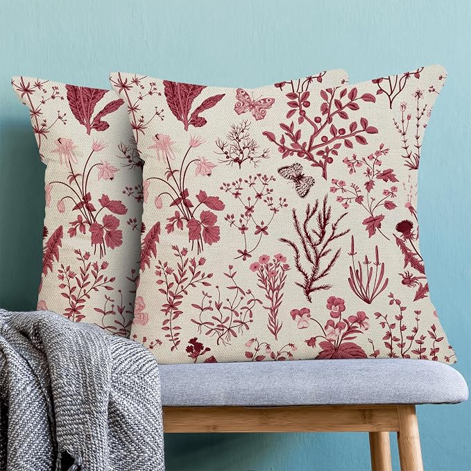 Christmas Pillow Covers 20x20 Inch Set of 2,Burgundy Red Wild Flower Plant Throw Pillows Case,Seasonal Floral Outdoor Decorative Square Linen Farmhouse Decor Cushion Covers for Home Sofa bed Couch