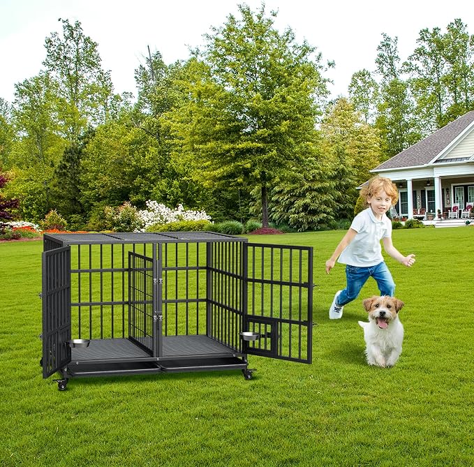 42 Inches Heavy Duty Dog Crate, Large Metal Dog Kennel with Flexible Divider, 2 Door, Feeding Bowls, Dog Cage House with Removable Tray and Wheels for Small Medium Large Pets