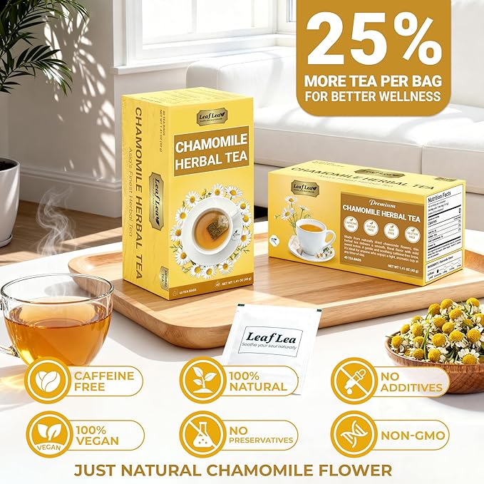LeafLea Chamomile Herbal Tea Bags, Calm Evening Routine, 80 Count | From Chamomile Flowers, Smooth Floral Taste, Caffeine-Free, Naturally Sugar-Free, Non-GMO, Individually Wrapped