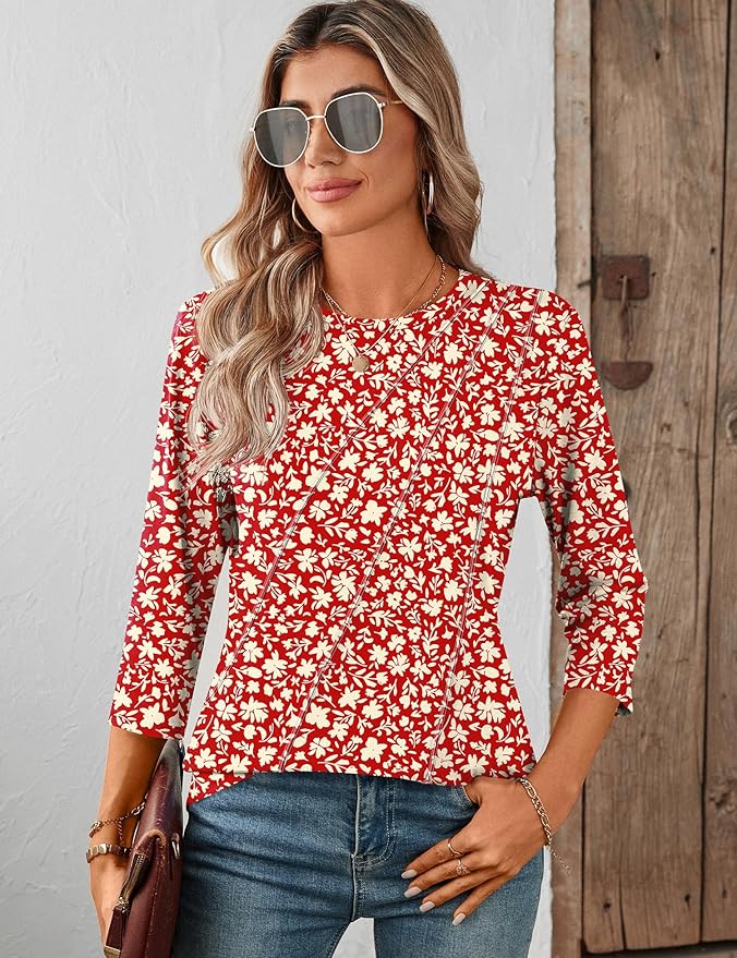 LOMON 3/4 Length Sleeve Womens Tops Spring Summer Fashion 2026 Tops Crew Neck Pleated Shirts Tunic Top Loose Fit