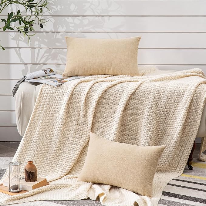 GAWAMAY Decorative Couch Throw Pillow Covers 12x20 Inch Set of 2 Beige | Soft Chenille Farmhouse Style, Hidden Zipper, Neutral Cushion Pillowcases for Sofa Living Room Bed, Only Covers